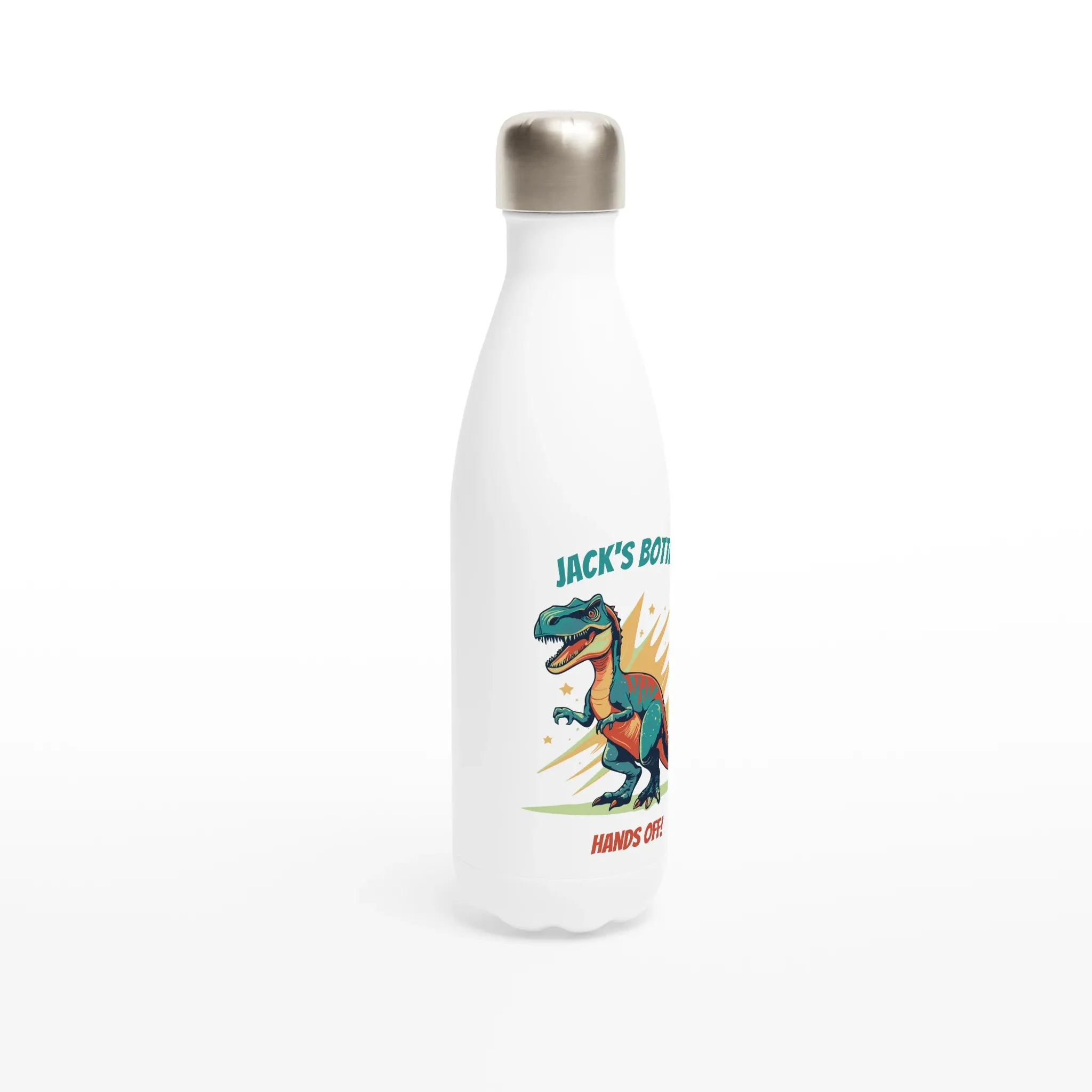 Personalisable White 17oz Stainless Steel Water Bottle - T-Rex Hands Off