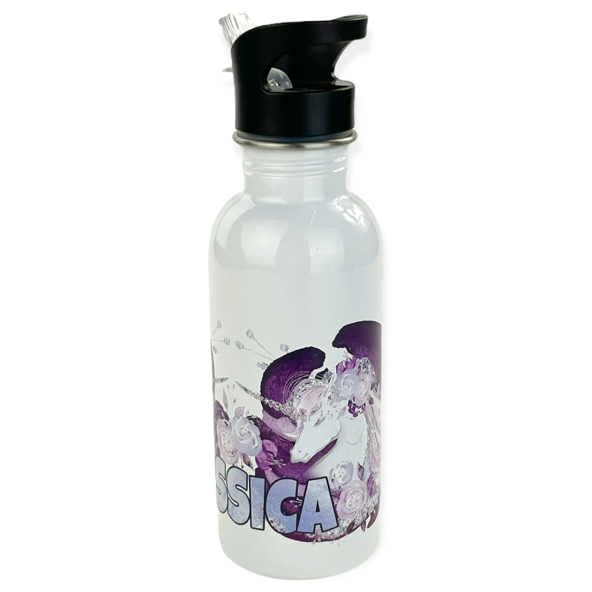 Personalized 20oz Stainless Steel Water Bottle with Straw - Floral Unicorn