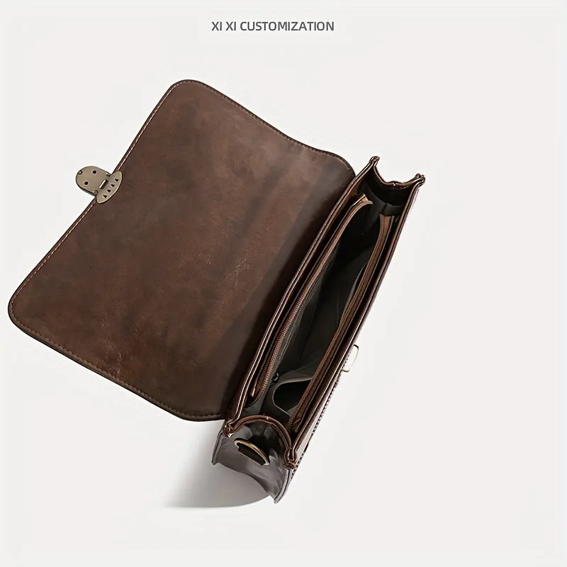realaiot  Vintage Crossbody Messenger Bag, Retro Flap Shoulder Bag, Preppy College Briefcase & Purse