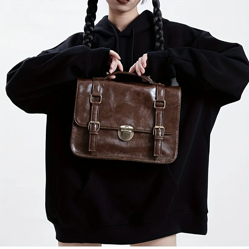 realaiot  Vintage Crossbody Messenger Bag, Retro Flap Shoulder Bag, Preppy College Briefcase & Purse