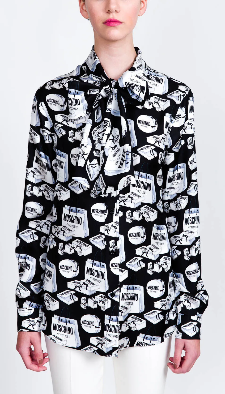 Shopping bag print neck tie blouse
