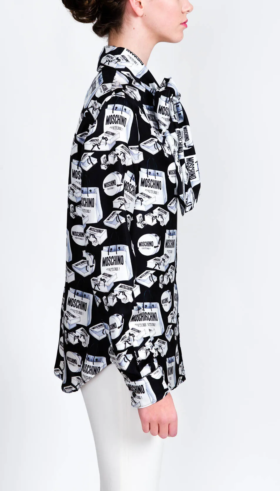 Shopping bag print neck tie blouse