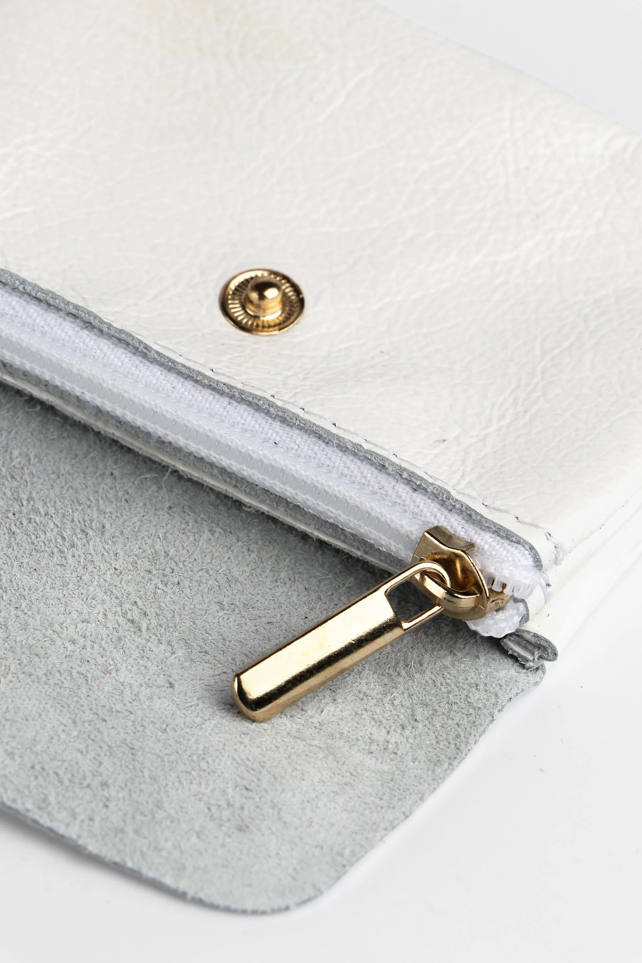 Small Italian Leather Coin Purse with Button Fastening and Internal Zip in White