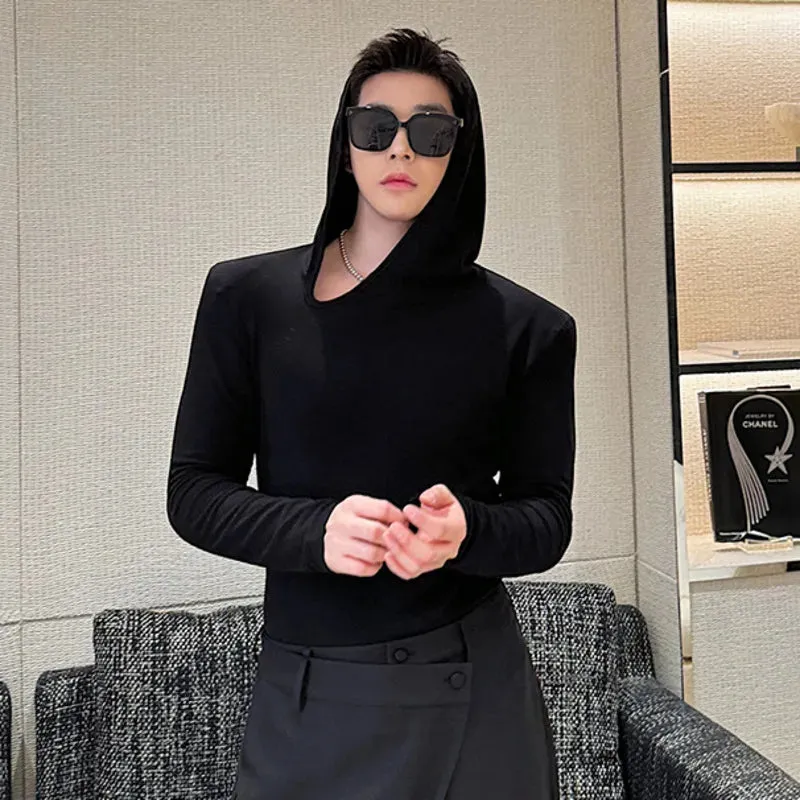 Spring Menwear Male T-shirt Niche Design Hooded Long Sleeve Top Tight Irregular Slanted Neckline Shoulder Pads 9C5064