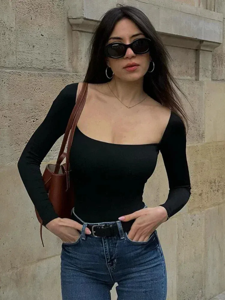 Square Neck Long Sleeve Tops Red Black Basics Tight Fitted T Shirts Fall Clothes 2024 Women C95-AI13