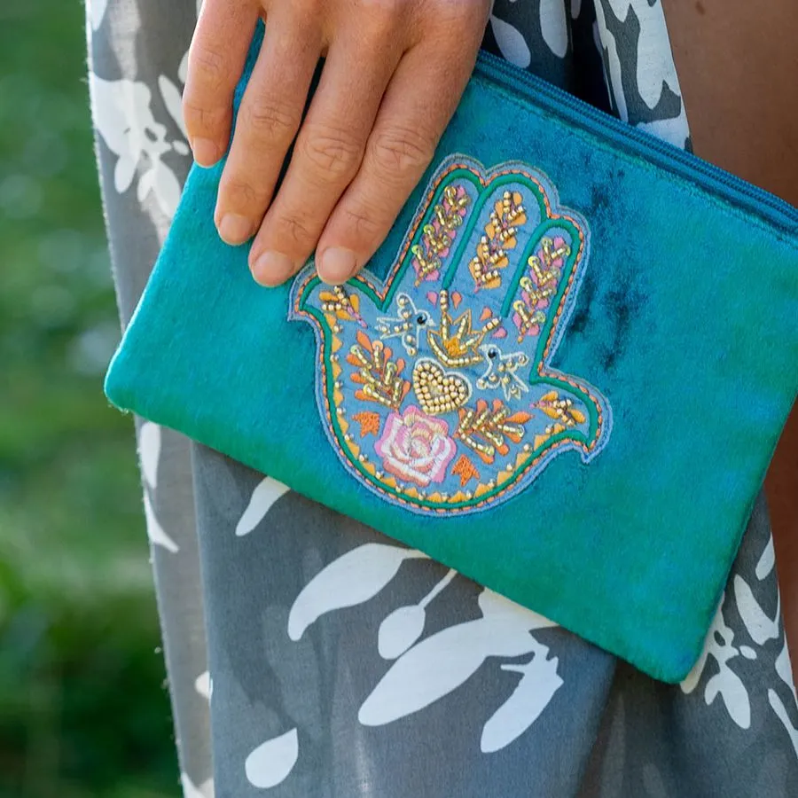 Teal velvet embroidered hand purse