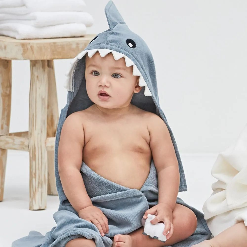 TOALLA DE BANO PARA BEBE CON CAPUCHA DE TIBURON PIZARRA