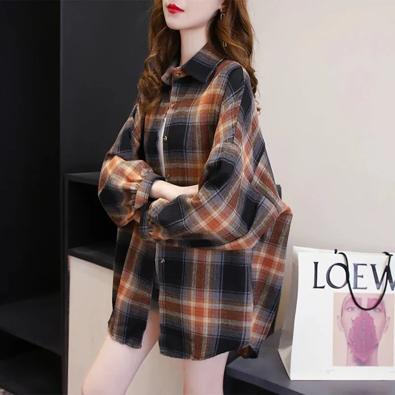 Vintage Preppy Style Loose Check Shirts