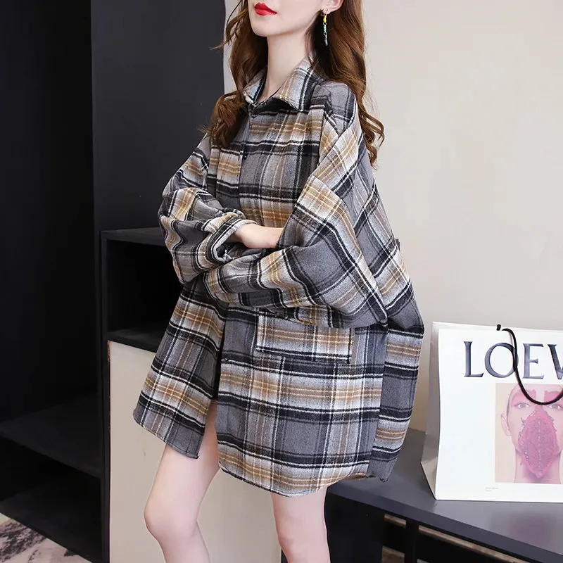 Vintage Preppy Style Loose Check Shirts