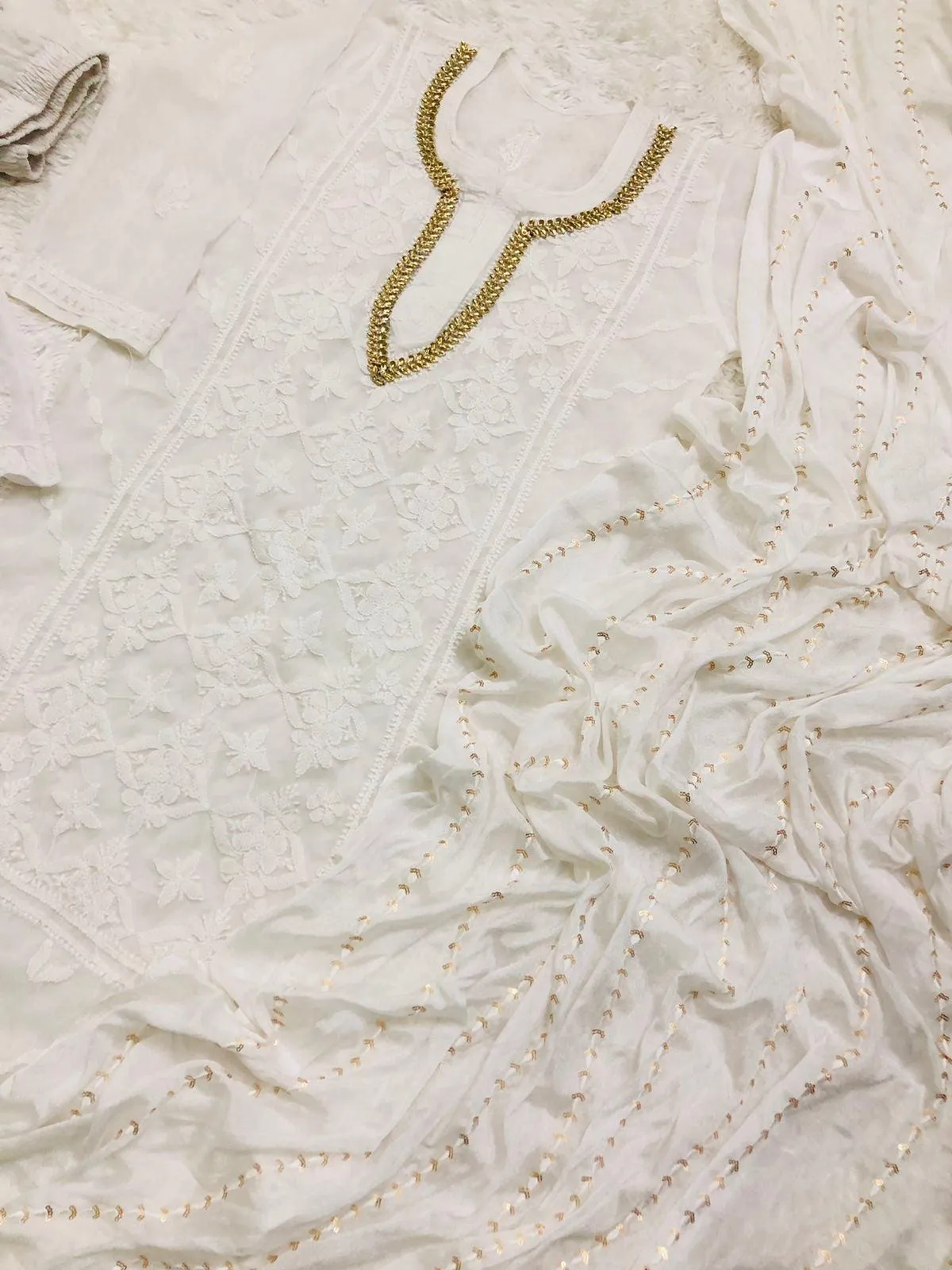 White Georgette Chikankari Suit with Beautiful Handwork Embroidery Latest Online