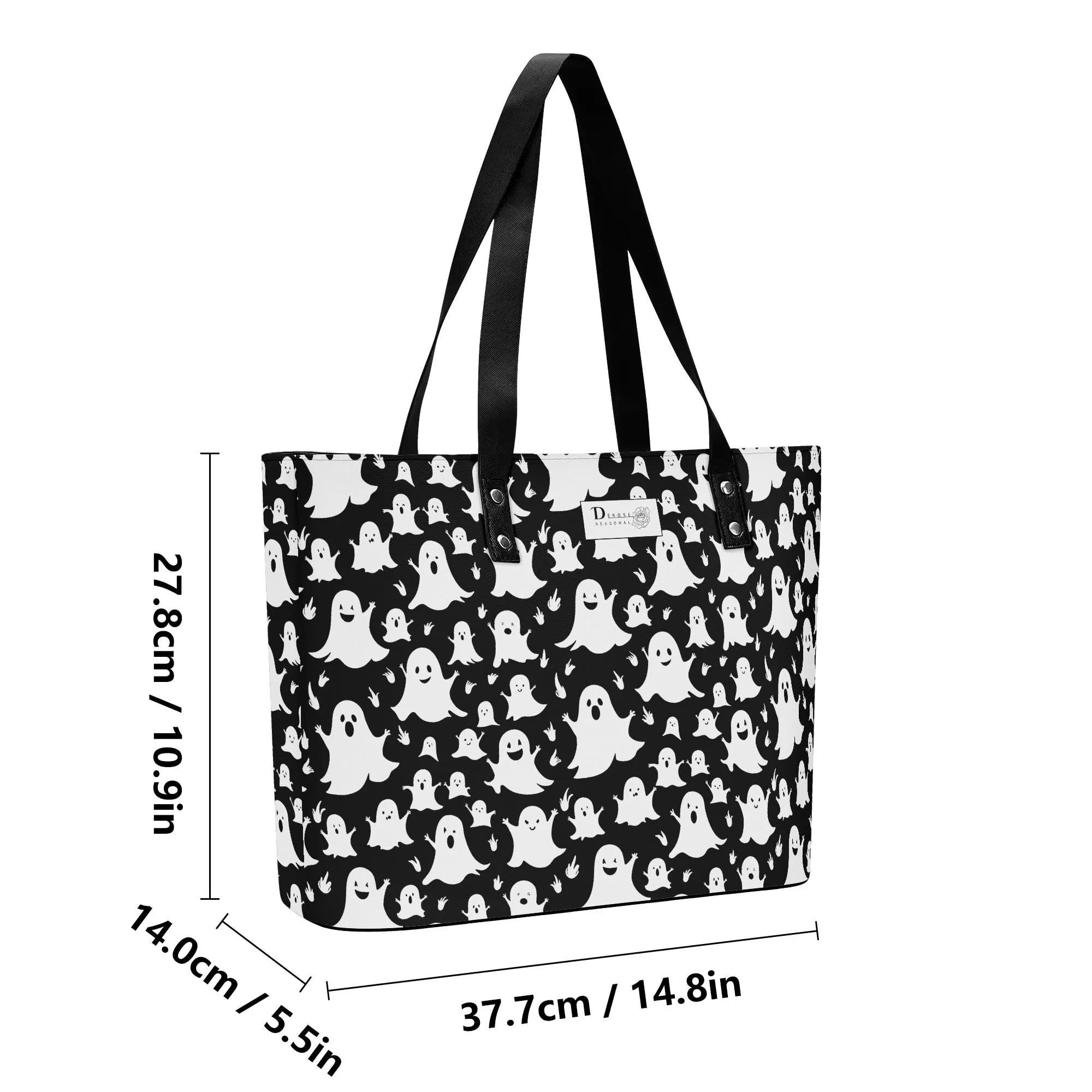 Womens Spooky Ghost PU Leather Tote Bag with Front Zipper Pocket