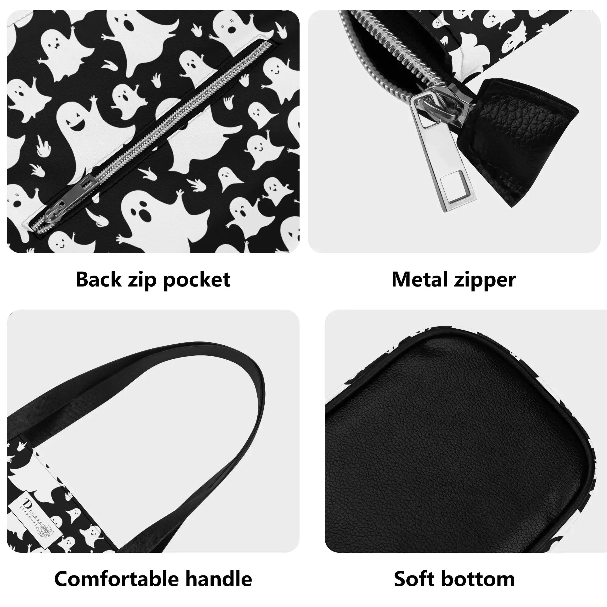 Womens Spooky Ghost PU Leather Tote Bag with Front Zipper Pocket