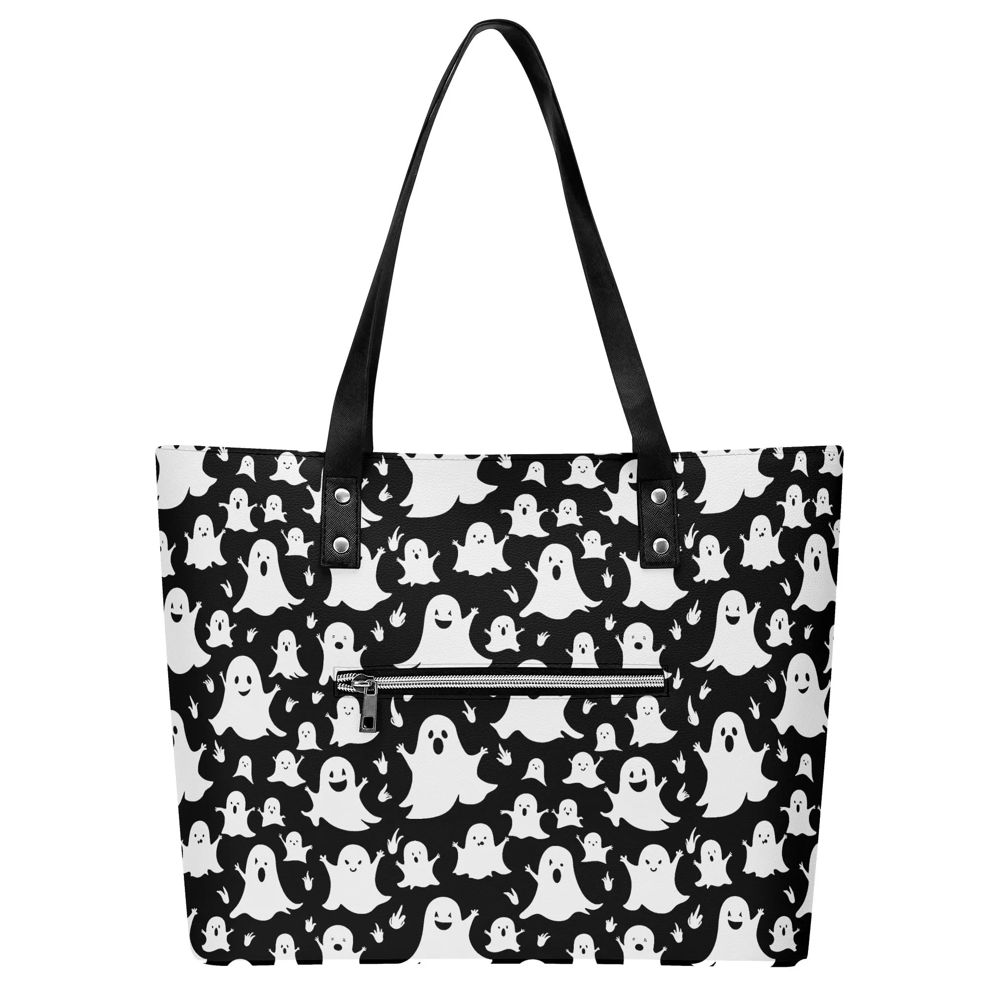 Womens Spooky Ghost PU Leather Tote Bag with Front Zipper Pocket