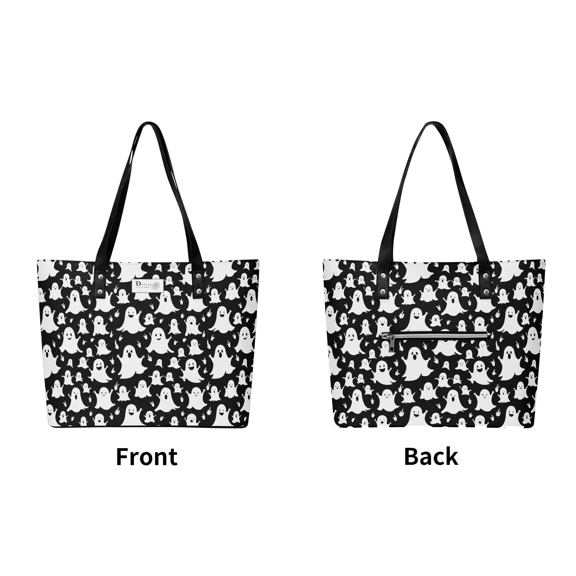 Womens Spooky Ghost PU Leather Tote Bag with Front Zipper Pocket