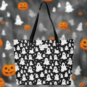 Womens Spooky Ghost PU Leather Tote Bag with Front Zipper Pocket